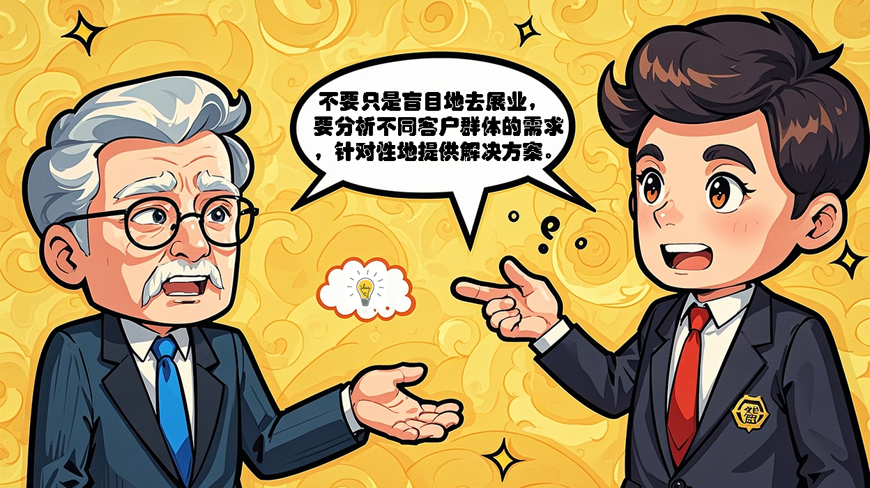 生成一张漫画风格的图，上面一个年长的中国销售在给另一个年轻的中国销售讲道理.jpg